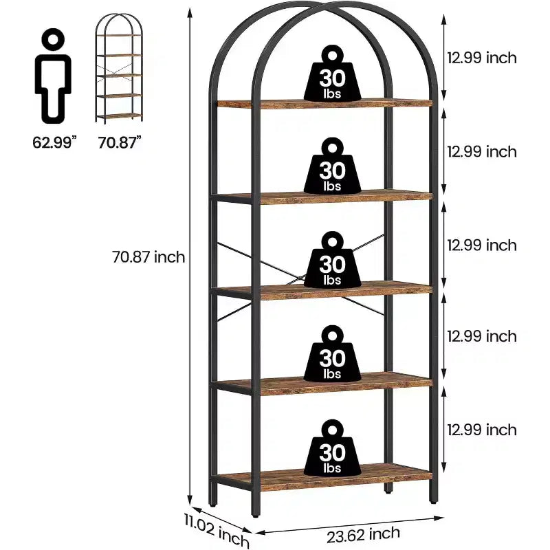 Étagère à Livres Courbée, Étagère de Présentation à 5 Niveaux, Étagères Hautes, Étagère de Rangement Moderne, Grande Étagère en Bois pour Chambre, Salon