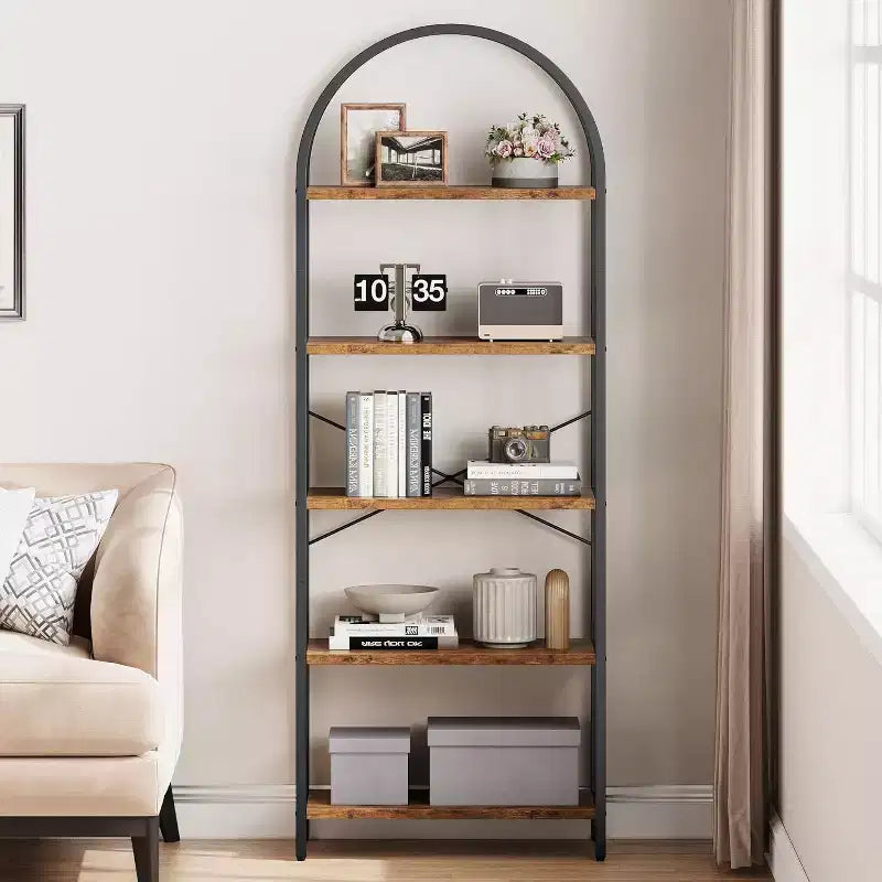 Étagère à Livres Courbée, Étagère de Présentation à 5 Niveaux, Étagères Hautes, Étagère de Rangement Moderne, Grande Étagère en Bois pour Chambre, Salon