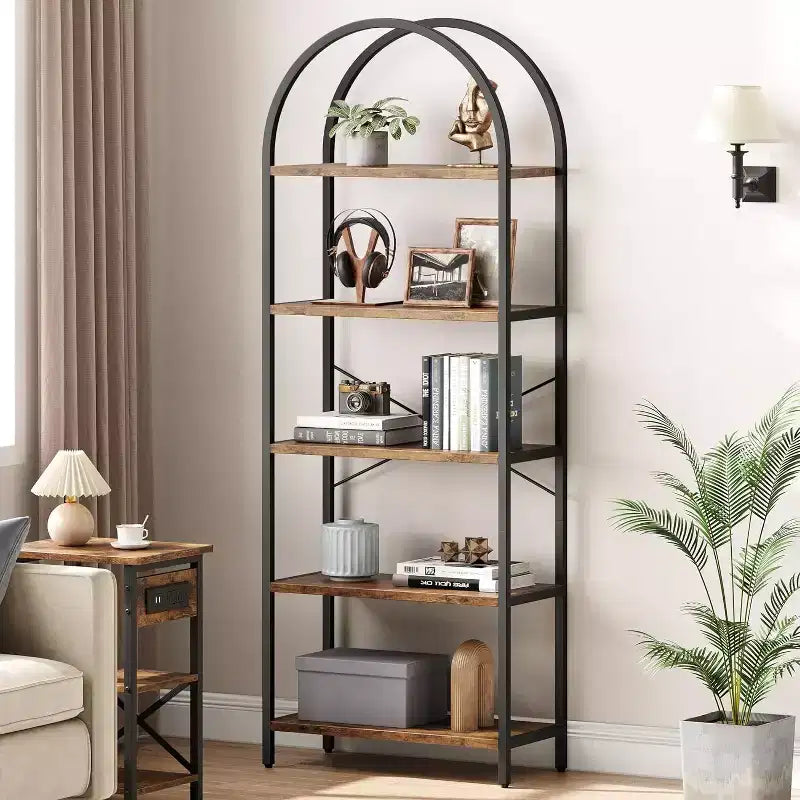 Étagère à Livres Courbée, Étagère de Présentation à 5 Niveaux, Étagères Hautes, Étagère de Rangement Moderne, Grande Étagère en Bois pour Chambre, Salon