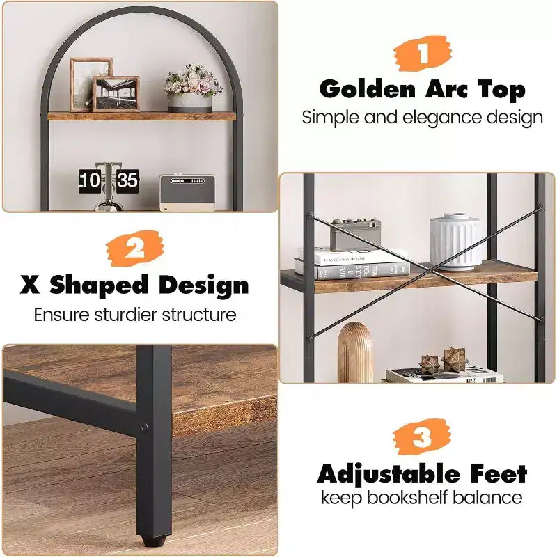 Étagère à Livres Courbée, Étagère de Présentation à 5 Niveaux, Étagères Hautes, Étagère de Rangement Moderne, Grande Étagère en Bois pour Chambre, Salon