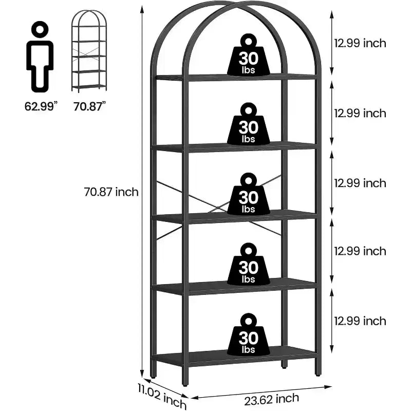 Étagère à Livres Courbée, Étagère de Présentation à 5 Niveaux, Étagères Hautes, Étagère de Rangement Moderne, Grande Étagère en Bois pour Chambre, Salon