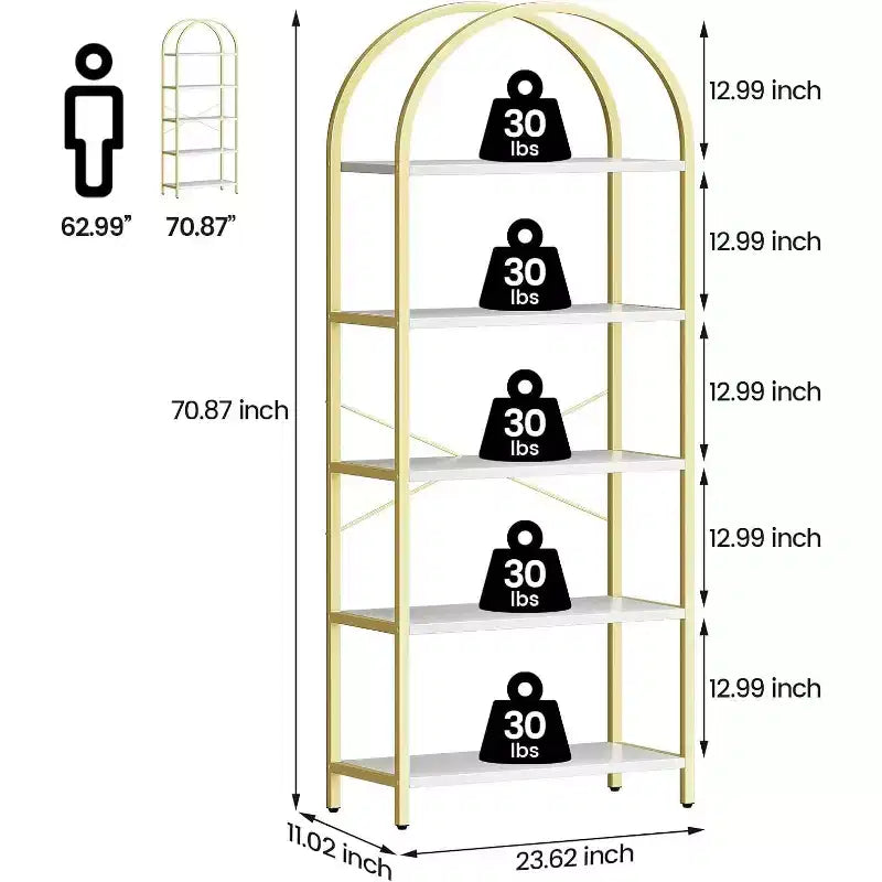 Étagère à Livres Courbée, Étagère de Présentation à 5 Niveaux, Étagères Hautes, Étagère de Rangement Moderne, Grande Étagère en Bois pour Chambre, Salon