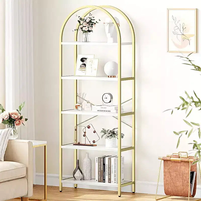 Étagère à Livres Courbée, Étagère de Présentation à 5 Niveaux, Étagères Hautes, Étagère de Rangement Moderne, Grande Étagère en Bois pour Chambre, Salon