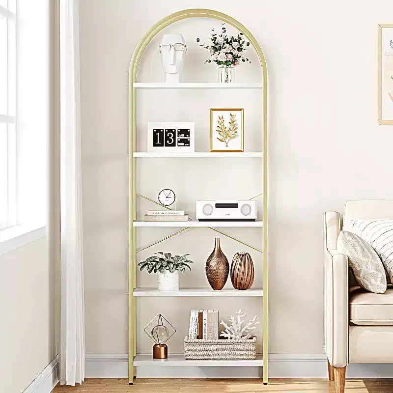 Étagère à Livres Courbée, Étagère de Présentation à 5 Niveaux, Étagères Hautes, Étagère de Rangement Moderne, Grande Étagère en Bois pour Chambre, Salon