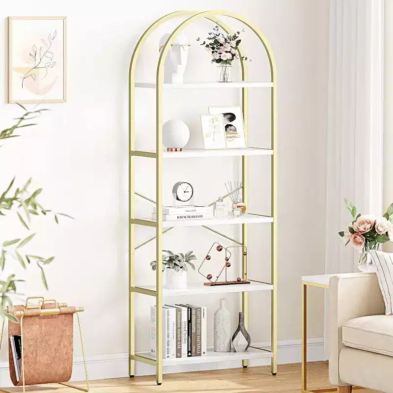 Étagère à Livres Courbée, Étagère de Présentation à 5 Niveaux, Étagères Hautes, Étagère de Rangement Moderne, Grande Étagère en Bois pour Chambre, Salon