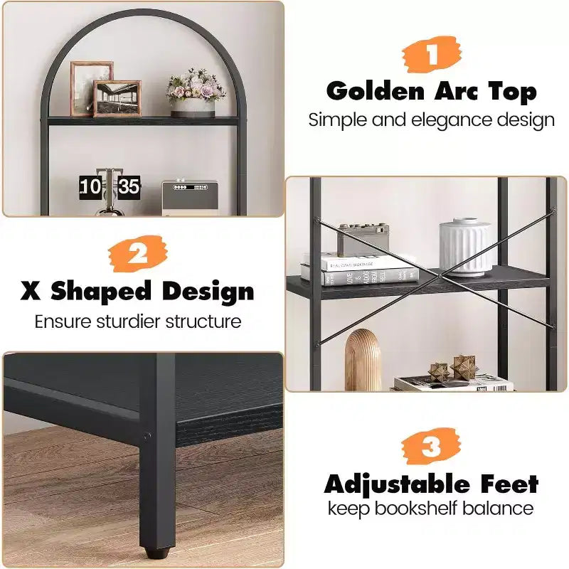 Étagère à Livres Courbée, Étagère de Présentation à 5 Niveaux, Étagères Hautes, Étagère de Rangement Moderne, Grande Étagère en Bois pour Chambre, Salon