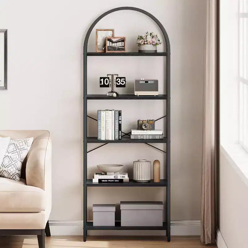 Étagère à Livres Courbée, Étagère de Présentation à 5 Niveaux, Étagères Hautes, Étagère de Rangement Moderne, Grande Étagère en Bois pour Chambre, Salon