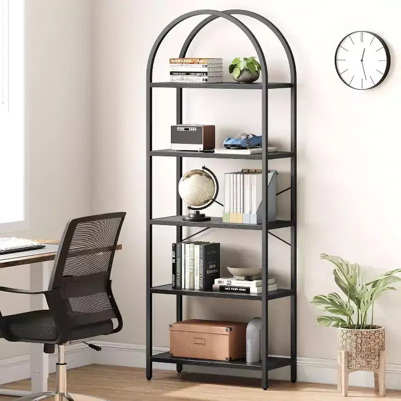 Étagère à Livres Courbée, Étagère de Présentation à 5 Niveaux, Étagères Hautes, Étagère de Rangement Moderne, Grande Étagère en Bois pour Chambre, Salon