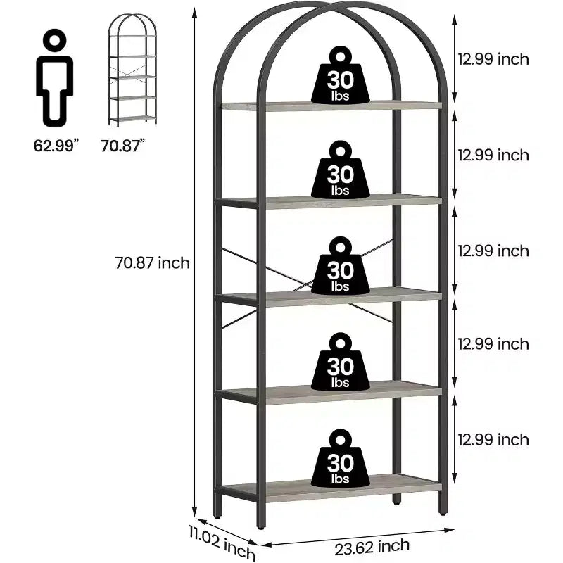 Étagère à Livres Courbée, Étagère de Présentation à 5 Niveaux, Étagères Hautes, Étagère de Rangement Moderne, Grande Étagère en Bois pour Chambre, Salon