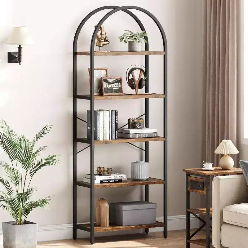 Étagère à Livres Courbée, Étagère de Présentation à 5 Niveaux, Étagères Hautes, Étagère de Rangement Moderne, Grande Étagère en Bois pour Chambre, Salon