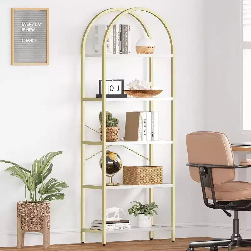 Étagère à Livres Courbée, Étagère de Présentation à 5 Niveaux, Étagères Hautes, Étagère de Rangement Moderne, Grande Étagère en Bois pour Chambre, Salon