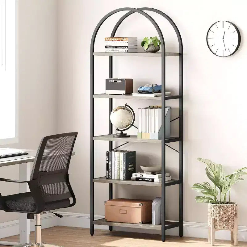 Étagère à Livres Courbée, Étagère de Présentation à 5 Niveaux, Étagères Hautes, Étagère de Rangement Moderne, Grande Étagère en Bois pour Chambre, Salon