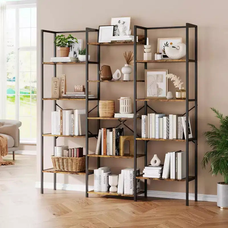 Étagère à 5 niveaux et 3 colonnes avec 14 étagères réglables, cadre industriel en acier avec entretoise en X, conception renforcée anti-basculement pour bureau et maison