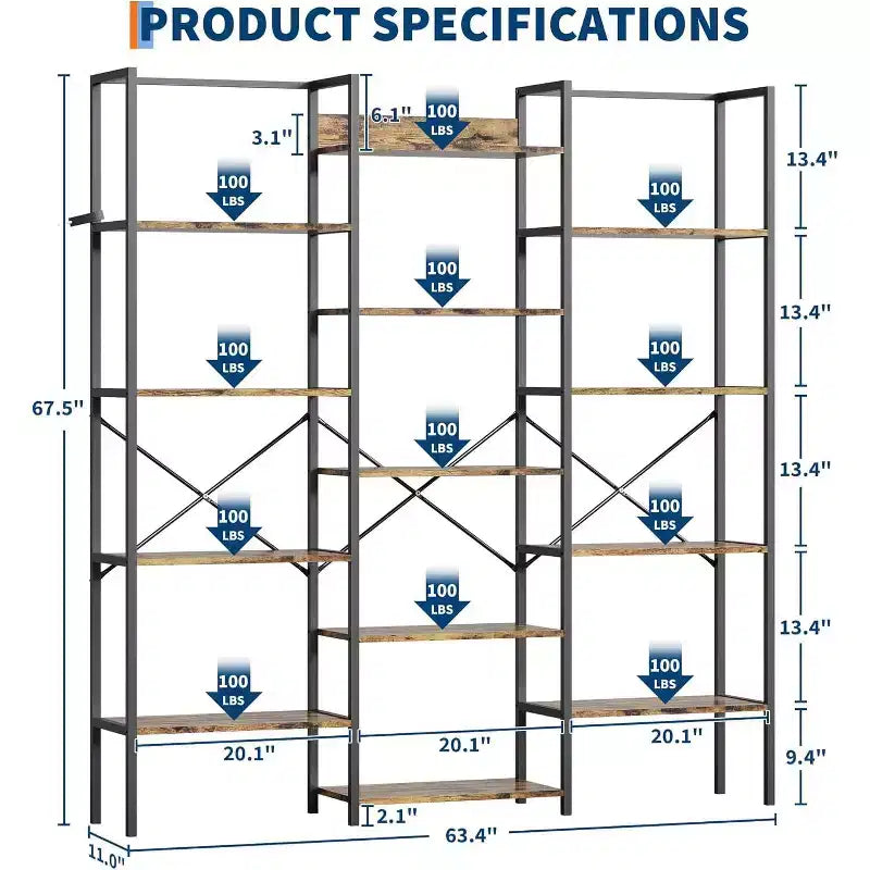 Étagère à 5 niveaux et 3 colonnes avec 14 étagères réglables, cadre industriel en acier avec entretoise en X, conception renforcée anti-basculement pour bureau et maison