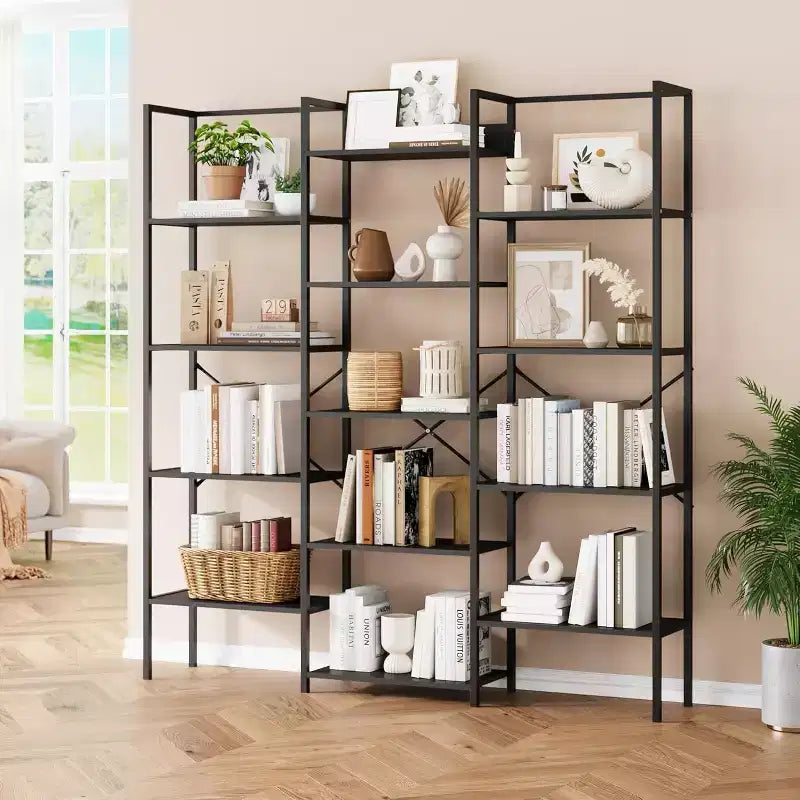 Étagère à 5 niveaux et 3 colonnes avec 14 étagères réglables, cadre industriel en acier avec entretoise en X, conception renforcée anti-basculement pour bureau et maison