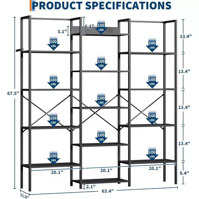 Étagère à 5 niveaux et 3 colonnes avec 14 étagères réglables, cadre industriel en acier avec entretoise en X, conception renforcée anti-basculement pour bureau et maison