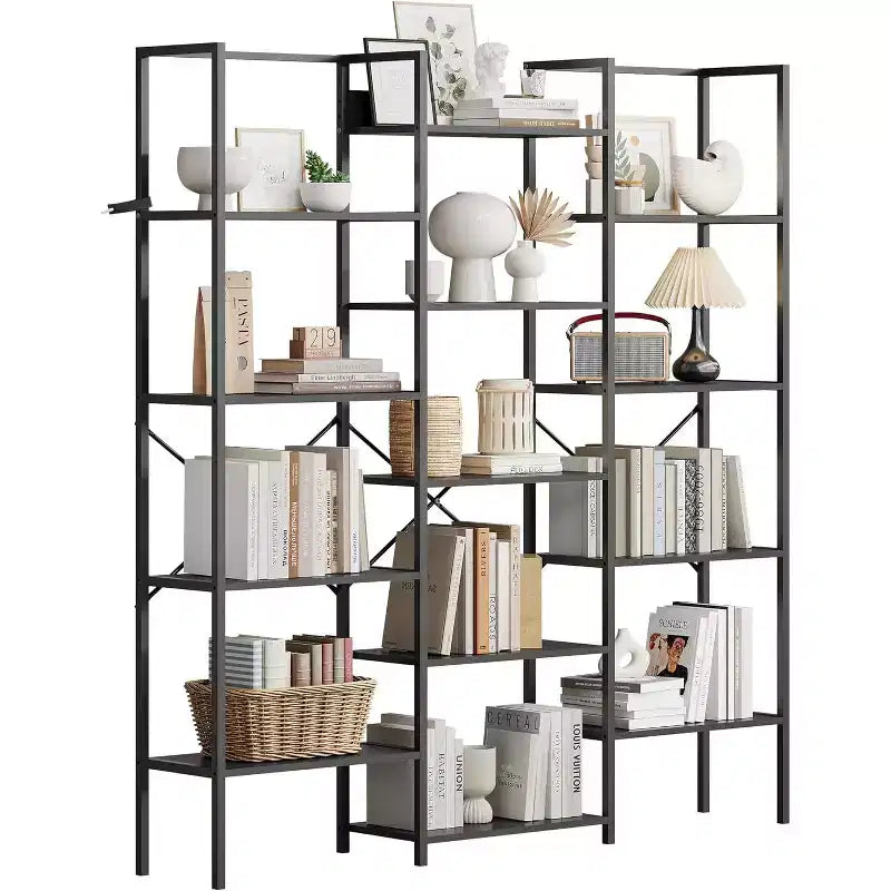 5-Tier Triple Column Bookshelf with 14 Adjustable Shelves, Industrial Steel Frame w/X-Back Brace, Reinforced Anti-Tip Design for Office, Home