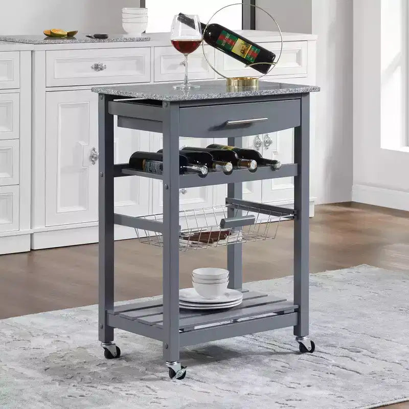 22.5Mobile Rolling Kitchen Island Trolley Serving Cart with Underneath Drawer & Slide-Out Wire Storage Basket