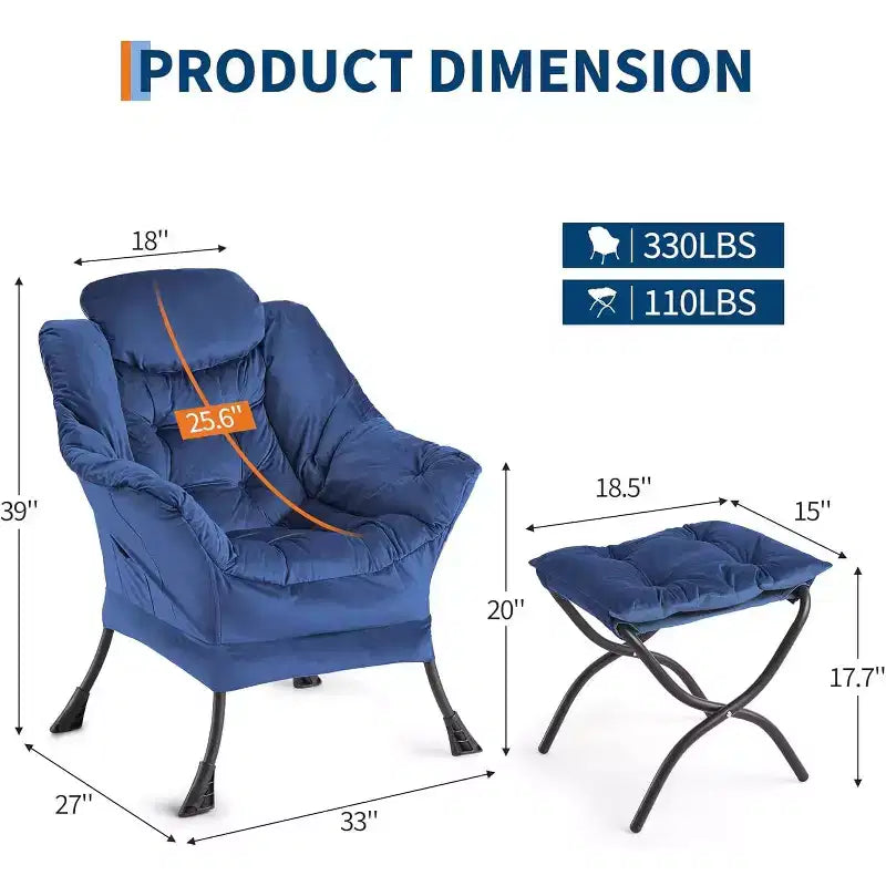 Lot de 2 chaises paresseuses avec pouf, fauteuil de salon moderne, fauteuil de lecture avec poche latérale pour salon, chambre, dortoir et bureau
