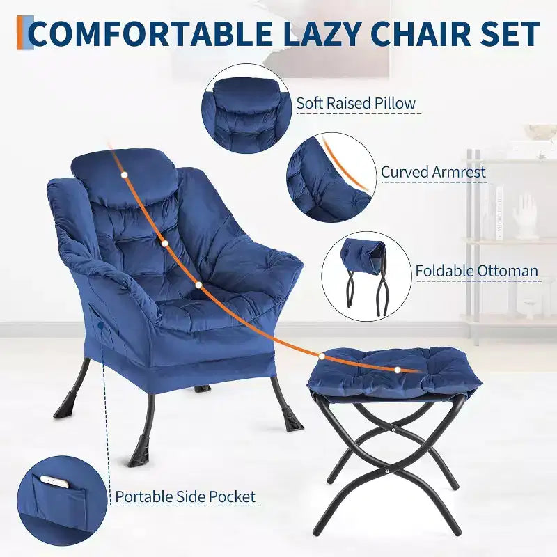 Lot de 2 chaises paresseuses avec pouf, fauteuil de salon moderne, fauteuil de lecture avec poche latérale pour salon, chambre, dortoir et bureau