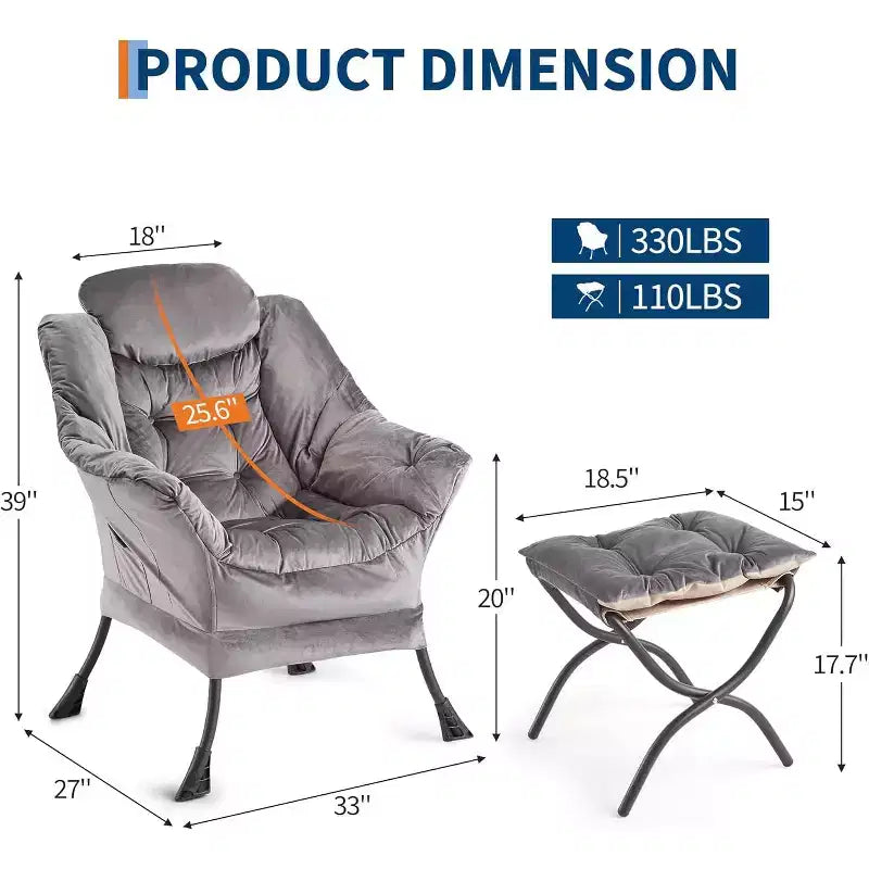 Lot de 2 chaises paresseuses avec pouf, fauteuil de salon moderne, fauteuil de lecture avec poche latérale pour salon, chambre, dortoir et bureau