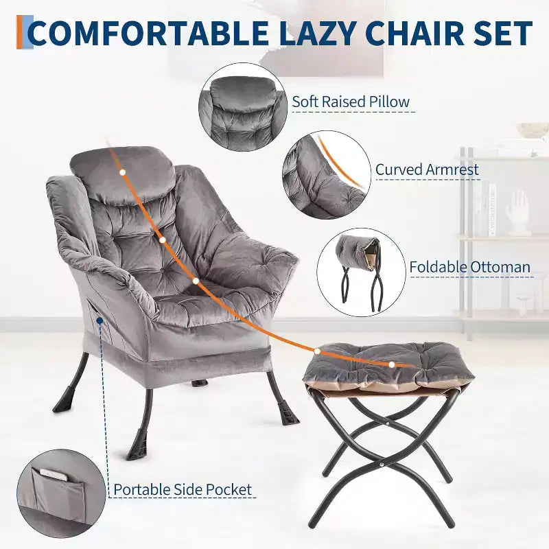 Lot de 2 chaises paresseuses avec pouf, fauteuil de salon moderne, fauteuil de lecture avec poche latérale pour salon, chambre, dortoir et bureau