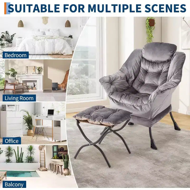 Lot de 2 chaises paresseuses avec pouf, fauteuil de salon moderne, fauteuil de lecture avec poche latérale pour salon, chambre, dortoir et bureau