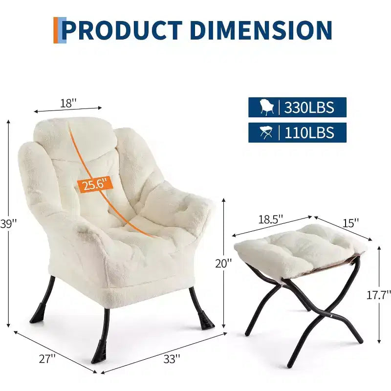 Lot de 2 chaises paresseuses avec pouf, fauteuil de salon moderne, fauteuil de lecture avec poche latérale pour salon, chambre, dortoir et bureau