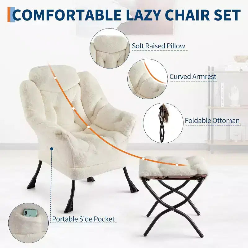 Lot de 2 chaises paresseuses avec pouf, fauteuil de salon moderne, fauteuil de lecture avec poche latérale pour salon, chambre, dortoir et bureau