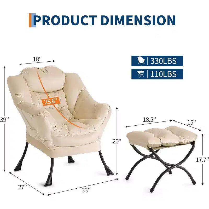 Lot de 2 chaises paresseuses avec pouf, fauteuil de salon moderne, fauteuil de lecture avec poche latérale pour salon, chambre, dortoir et bureau