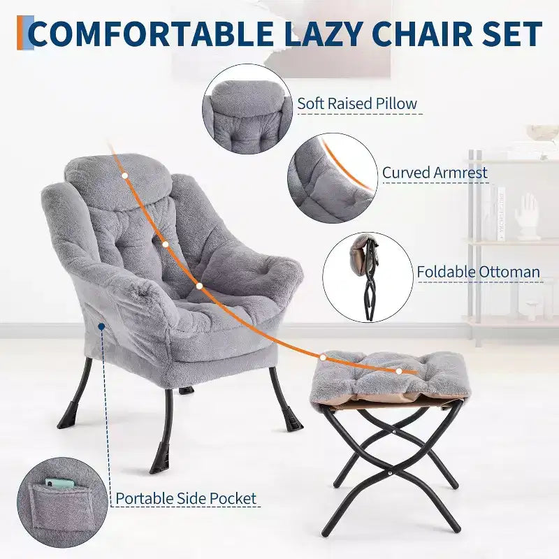 Lot de 2 chaises paresseuses avec pouf, fauteuil de salon moderne, fauteuil de lecture avec poche latérale pour salon, chambre, dortoir et bureau