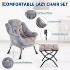 Lot de 2 chaises paresseuses avec pouf, fauteuil de salon moderne, fauteuil de lecture avec poche latérale pour salon, chambre, dortoir et bureau
