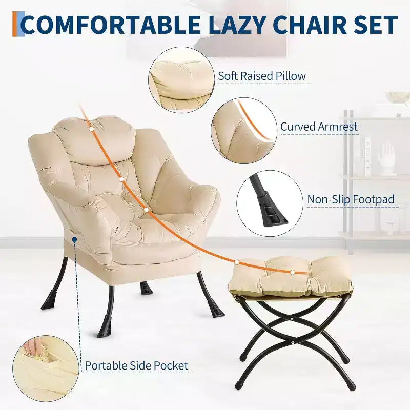 Lot de 2 chaises paresseuses avec pouf, fauteuil de salon moderne, fauteuil de lecture avec poche latérale pour salon, chambre, dortoir et bureau