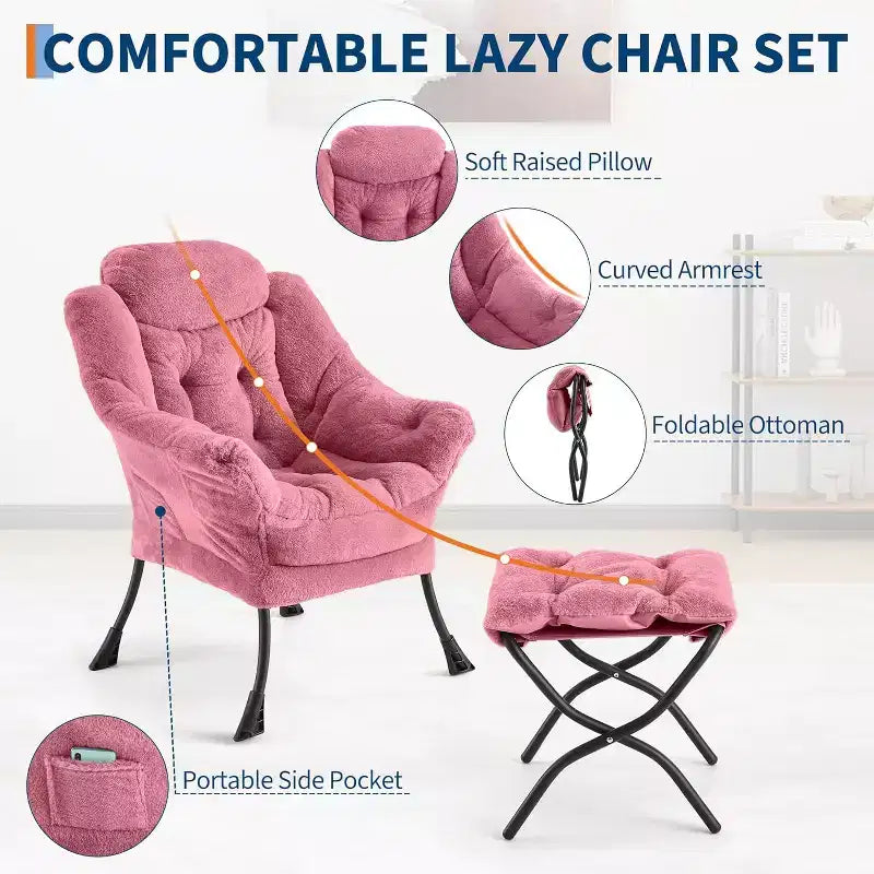 Lot de 2 chaises paresseuses avec pouf, fauteuil de salon moderne, fauteuil de lecture avec poche latérale pour salon, chambre, dortoir et bureau