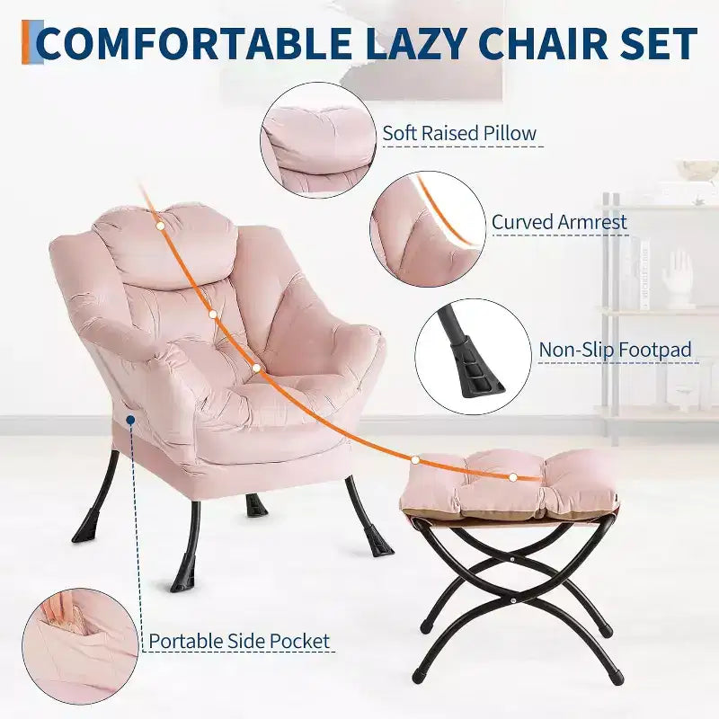 Lot de 2 chaises paresseuses avec pouf, fauteuil de salon moderne, fauteuil de lecture avec poche latérale pour salon, chambre, dortoir et bureau