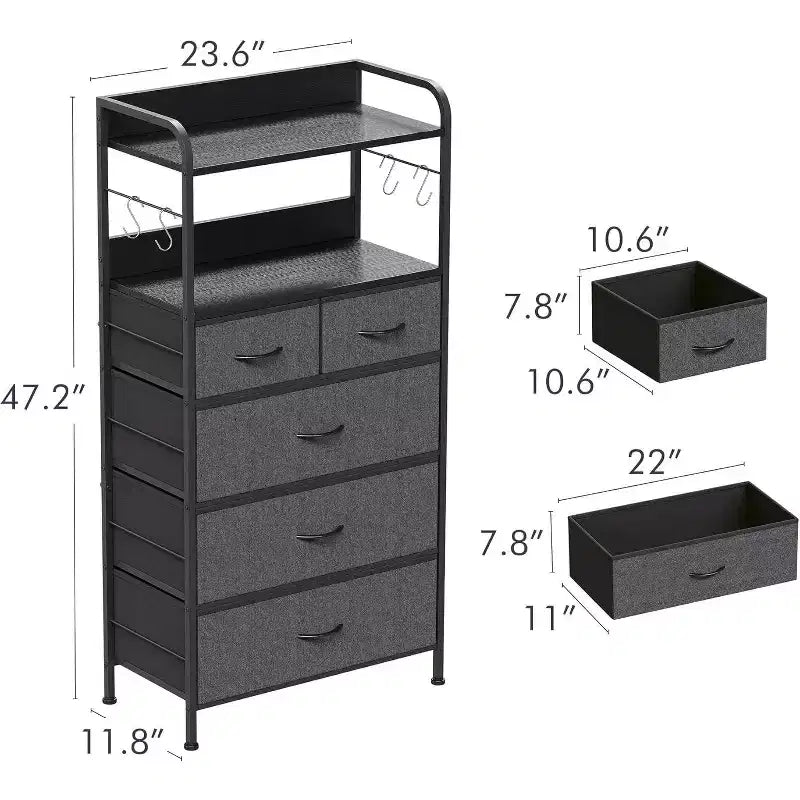 Commode Acekool à 5 tiroirs, organisateur de rangement de chambre avec bacs en tissu, dessus en bois, cadre en acier, poignées faciles à tirer, entrée, couloir