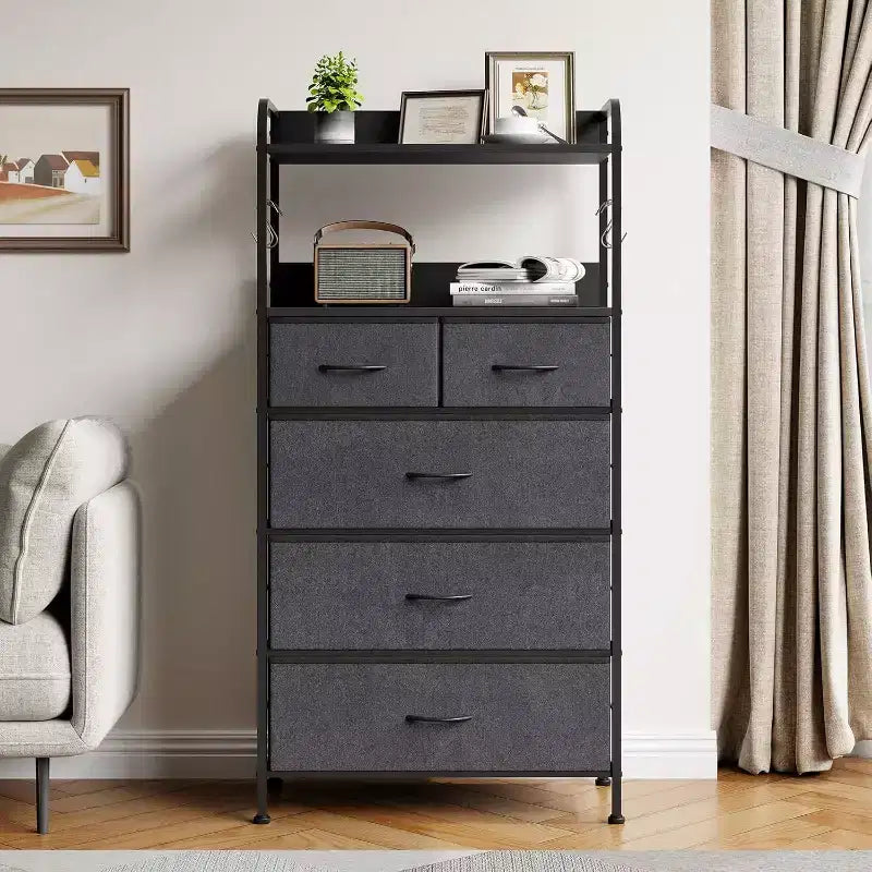 Commode Acekool à 5 tiroirs, organisateur de rangement de chambre avec bacs en tissu, dessus en bois, cadre en acier, poignées faciles à tirer, entrée, couloir