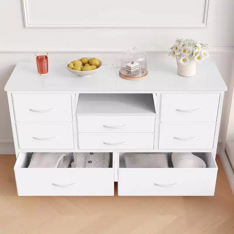 Meuble TV Acekool à 8 tiroirs avec prise, commode-console TV pour téléviseur de 50 pouces, pieds réglables, organiseur de rangement