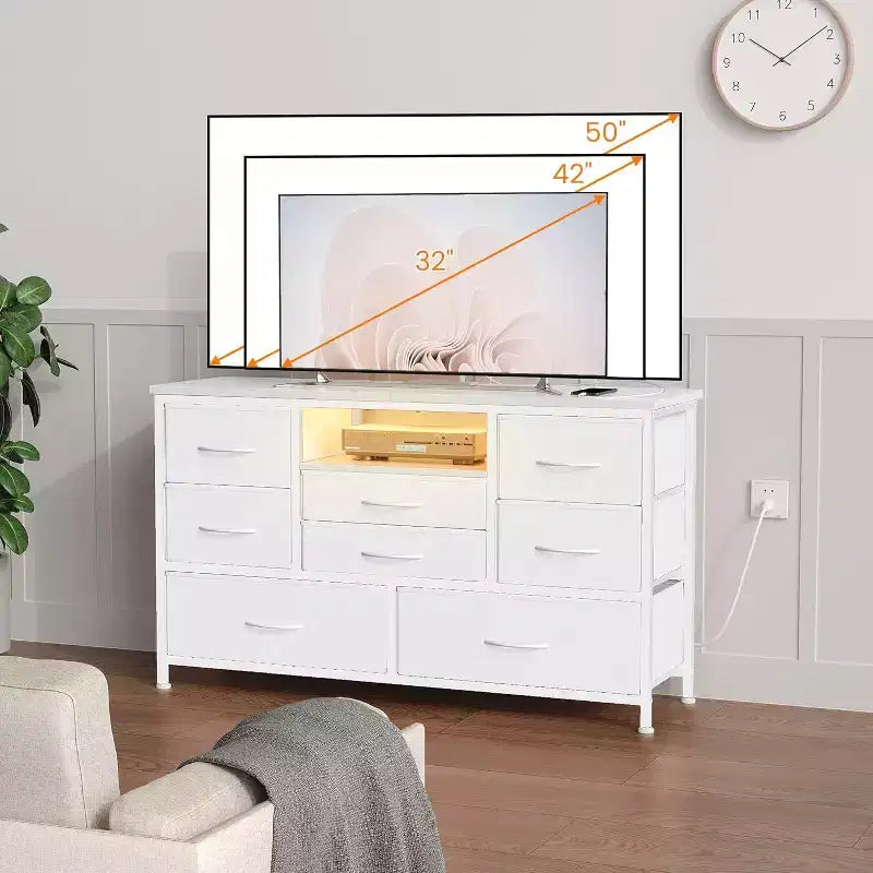 Meuble TV Acekool à 8 tiroirs avec prise, commode-console TV pour téléviseur de 50 pouces, pieds réglables, organiseur de rangement