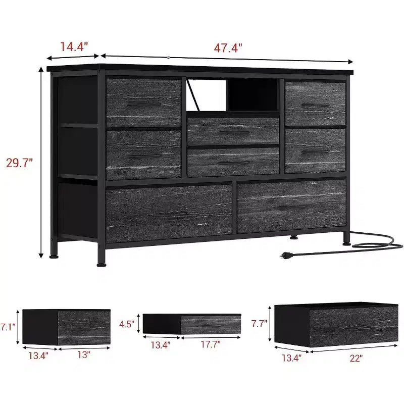 Meuble TV Acekool à 8 tiroirs avec prise, commode-console TV pour téléviseur de 50 pouces, pieds réglables, organiseur de rangement