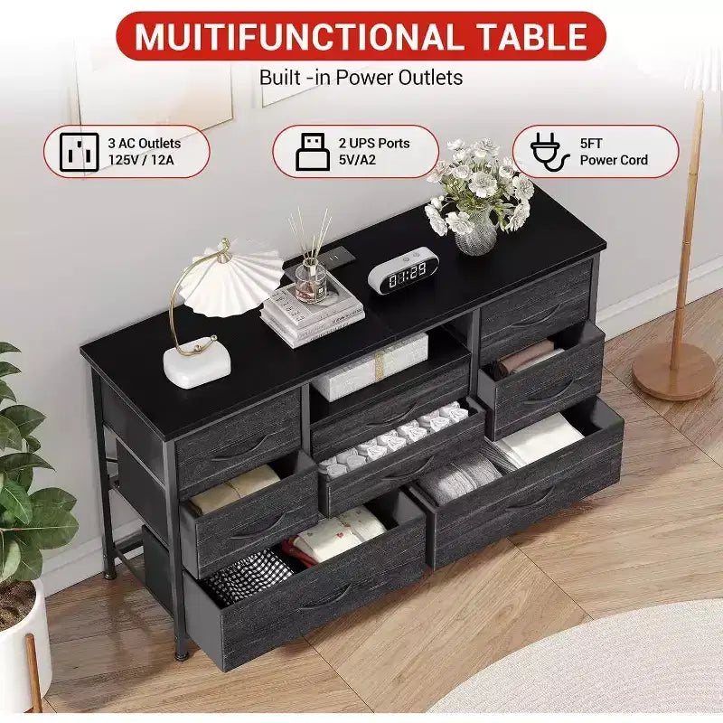Meuble TV Acekool à 8 tiroirs avec prise, commode-console TV pour téléviseur de 50 pouces, pieds réglables, organiseur de rangement