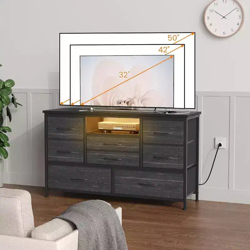 Acekool 8 Drawer TV Cabinet with Socket, TV Console Table Dresser for 50 Inch TV, Adjustable Feet, Storage Organizer