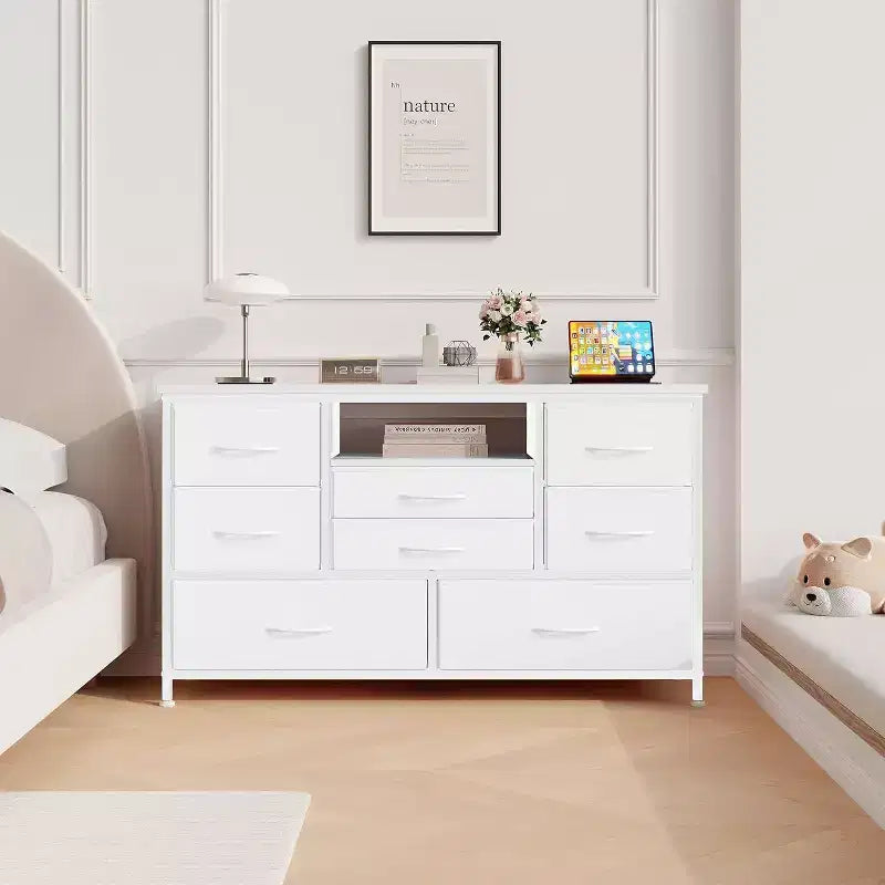 Meuble TV Acekool à 8 tiroirs avec prise, commode-console TV pour téléviseur de 50 pouces, pieds réglables, organiseur de rangement