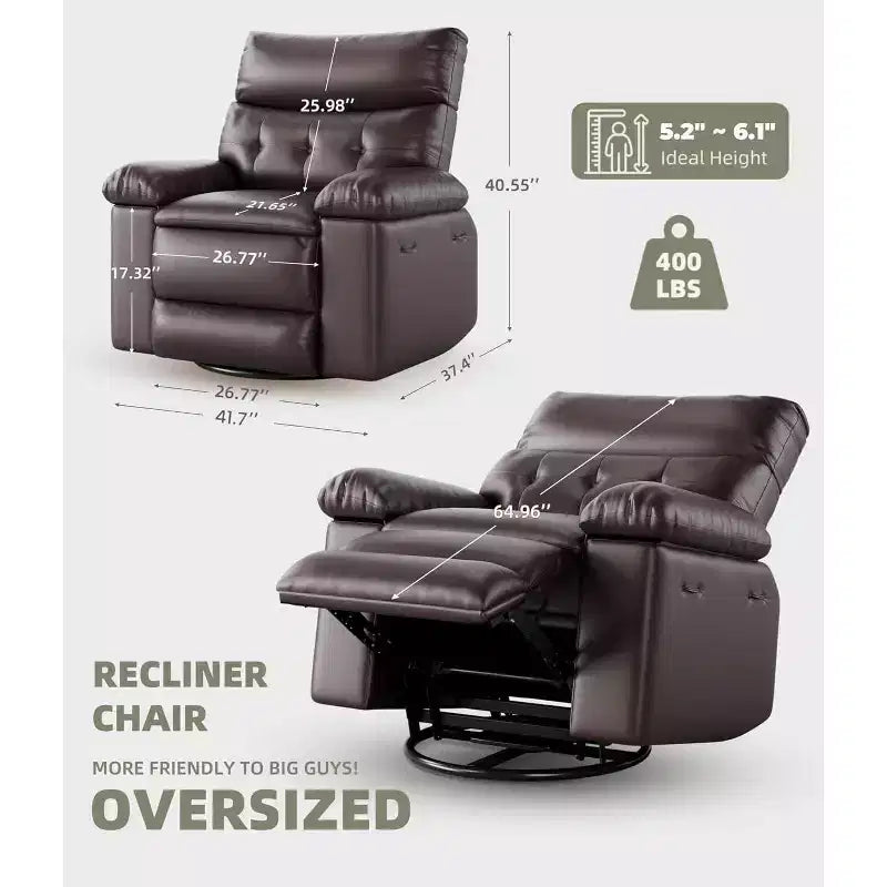 Fauteuil inclinable pivotant Acekool Oversized, large fauteuil inclinable manuel en cuir PU avec accoudoirs et dossier moelleux, pivotant à 360° pour salon, chambre, marron