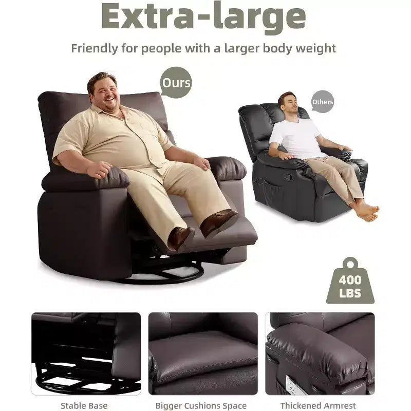 Fauteuil inclinable pivotant Acekool Oversized, large fauteuil inclinable manuel en cuir PU avec accoudoirs et dossier moelleux, pivotant à 360° pour salon, chambre, marron