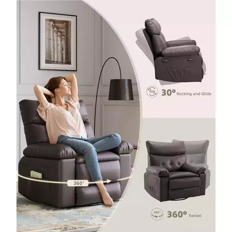 Fauteuil inclinable pivotant Acekool Oversized, large fauteuil inclinable manuel en cuir PU avec accoudoirs et dossier moelleux, pivotant à 360° pour salon, chambre, marron