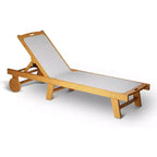79x24in Acacia Wood Chaise Lounge with Wheels, Adjustable Recliner & Textilene Mesh Cushion, All-Weather Outdoor Use, Walnut Finish