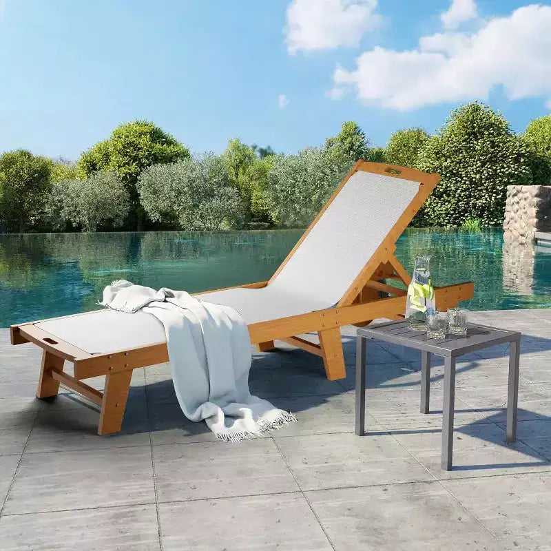 Bain de soleil 79x24 pouces en bois d'acacia avec roues, dossier réglable et coussin en maille Textilene, usage extérieur toutes saisons, finition noyer
