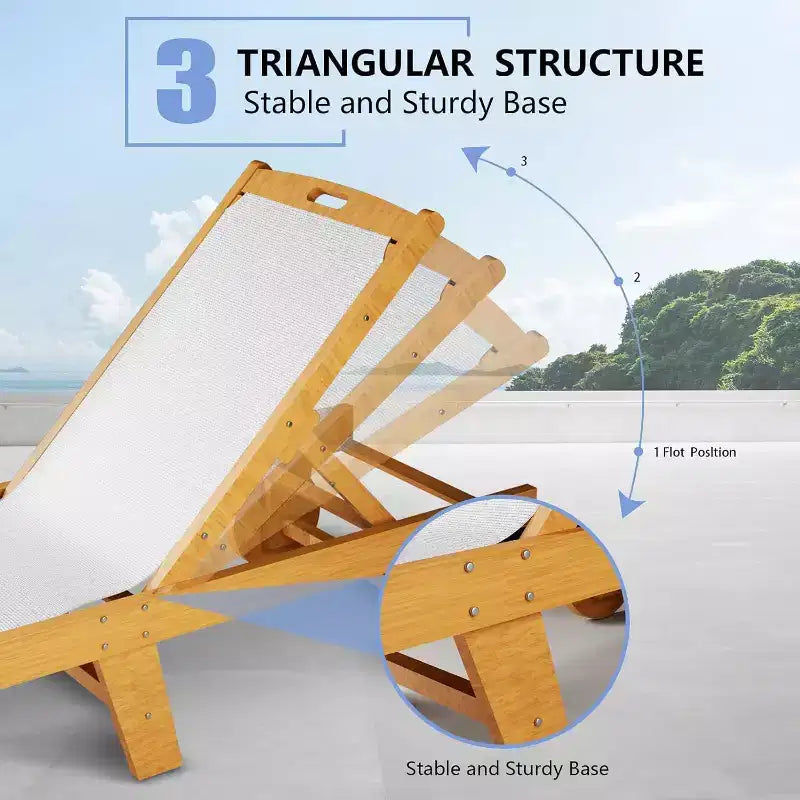 Bain de soleil 79x24 pouces en bois d'acacia avec roues, dossier réglable et coussin en maille Textilene, usage extérieur toutes saisons, finition noyer