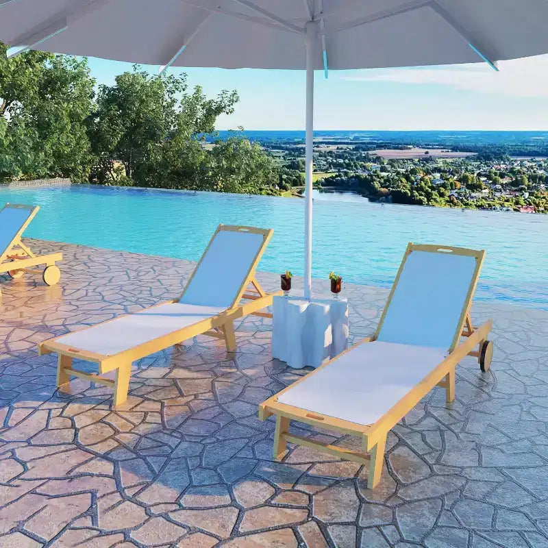 Bain de soleil 79x24 pouces en bois d'acacia avec roues, dossier réglable et coussin en maille Textilene, usage extérieur toutes saisons, finition noyer